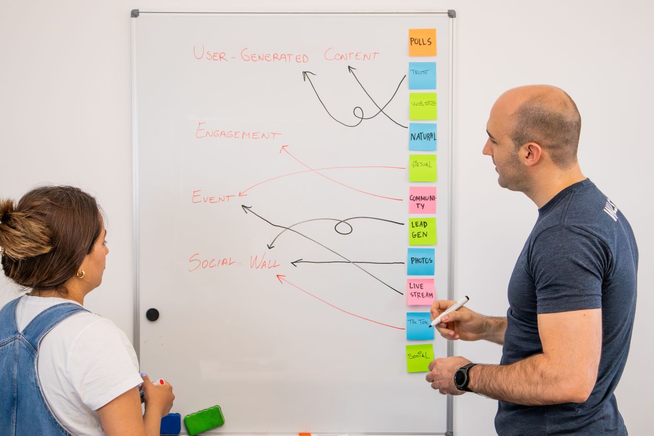 Two coworkers generate ideas on a whiteboard during a creative strategy meeting.